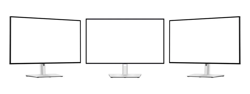 Modern Silver Computer Monitors With Blank Screens, Front and Side View Stock Illustration