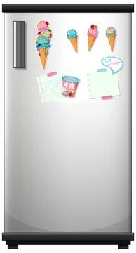 Modern Silver Refrigerator with Ice Cream Magnets and Paper Notes Stock Illustration
