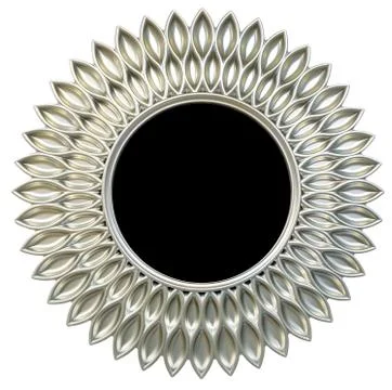 Modern silver round mirror frame sun or flower shape isolated white background Stock Photos