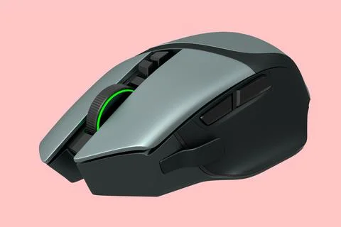 Modern silver wireless gaming computer mouse isolated on pink background Stock Illustration
