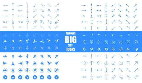 Modern simple arrows. Arrow vector icon set in thin line style. Arrows big blue Stock Illustration
