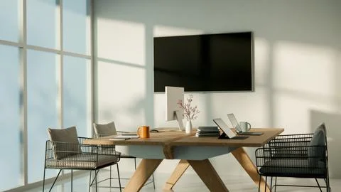 A modern, simple office room featuring a wooden table with office supplies .. Stock Illustration