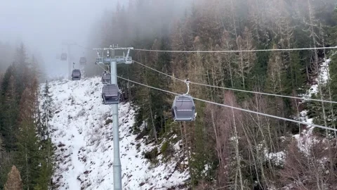 Modern Ski lifts over the slopes of Courchevel ski resort by winter Stock Footage 337061676