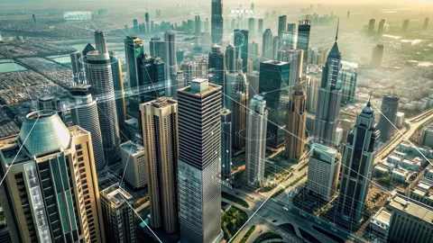 Modern skyline showing interconnected digital network of the future Stock Footage 289034074