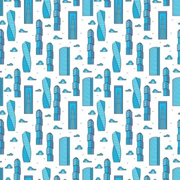 Modern skylines and clouds seamless pattern Stock Illustration