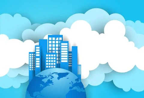 Modern Skyscraper Building On Earth Planet Shape Over Blue Sky And Clouds Ilustración de archivo