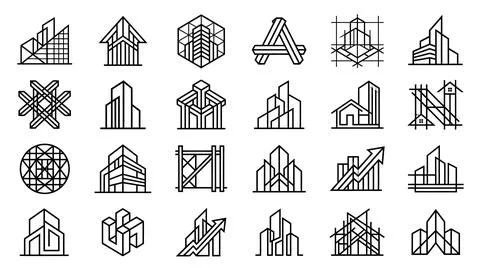 Modern skyscraper building icons thin line vector graphics set. Illustrazione stock