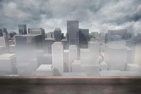 Modern skyscraper cluster is being shown in flat design, with concrete ledge, Stock Illustration