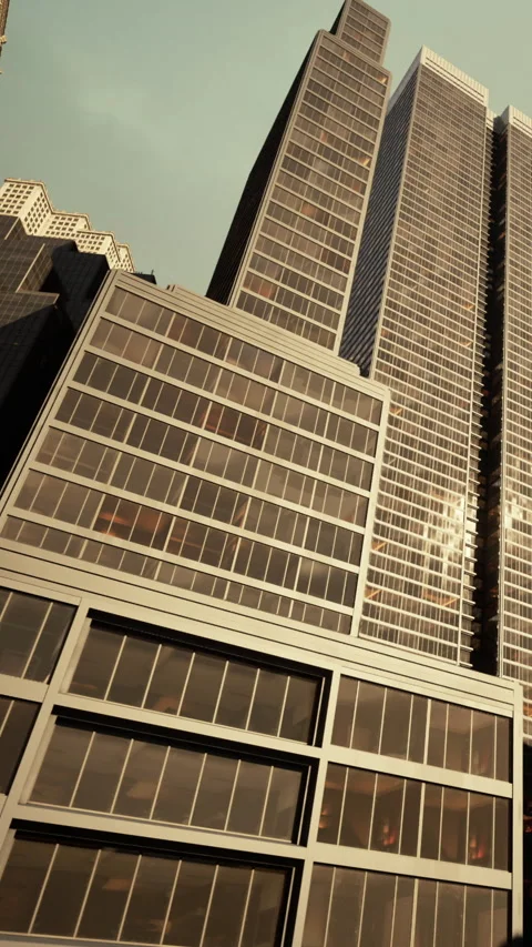 Modern skyscraper standing tall against the evening sky in a city Stock Footage 342189774