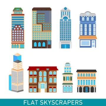 Modern skyscrapers set in flat style. Stock Illustration