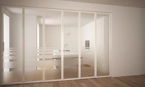 Modern sliding door with kitchen in the background, white minimal architectur Stock Illustration
