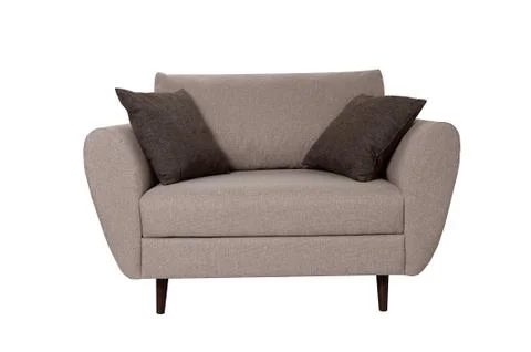 Modern small grey fabric sofa with pillows isolated on white background. Stri Stock Photos