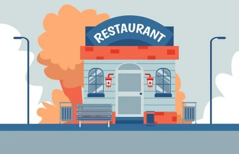 Modern small restaurant building front facade - colorful flat banner with autumn Ilustración de archivo