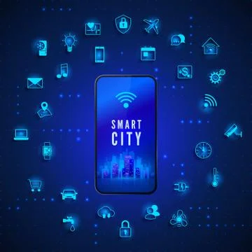 Modern Smart City Concept. Smart City on Mobile Phone Screen and Icon Set. Te Stock Illustration