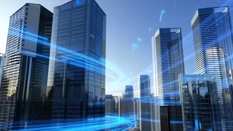 Modern Smart City with Glowing Data Lines and Skyscrapers Futuristic Network Stock Footage 313533849