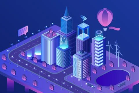 Modern smart city isometric vector illustration. Intelligent AI skyscrapers Ilustración de archivo