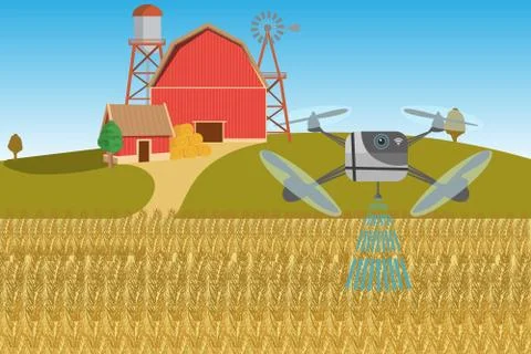 Modern smart farm with drones-sprayers. Digital transformation i Stock Illustration