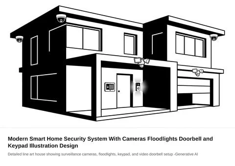 Modern Smart Home Security System With Cameras Floodlights Doorbell and Key.. Illustrazione stock