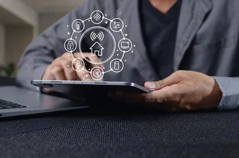 Modern Smart Home Technology Concept with Digital Tablet Interface Stock Photos