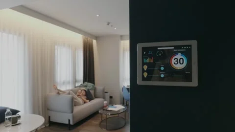 Modern Smart Home with Temperature Control Display Stock Footage 314570498