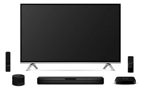 Modern smart oled tv with remote control, sound bar, set-top box and smart .. Stock Illustration