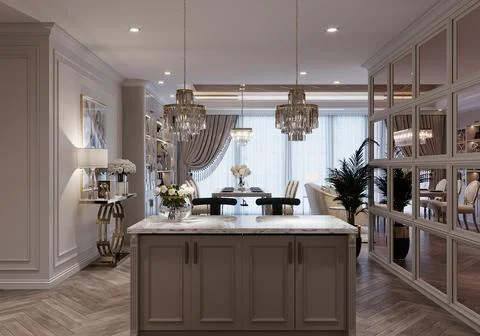 Modern Smart Open Kitchen White Background Concept, Chandelier, and Luxurio.. Stock-Illustration
