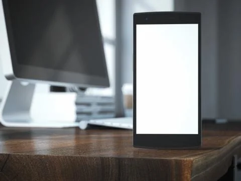 Modern smart phone with blank screen on the wooden table. 库存插图