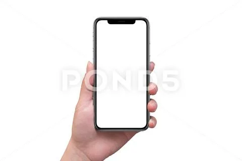 Modern smart phone with x curved screen in woman hand isolated. Blank screen Stock Photos