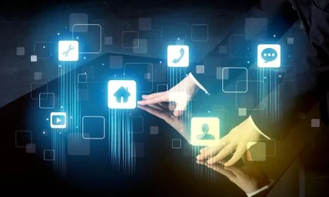 Modern smart table with high tech icons on its interface screen Stock Photos