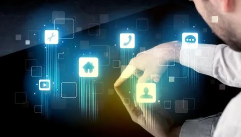 Modern smart table with high tech icons on its interface screen 스톡 사진