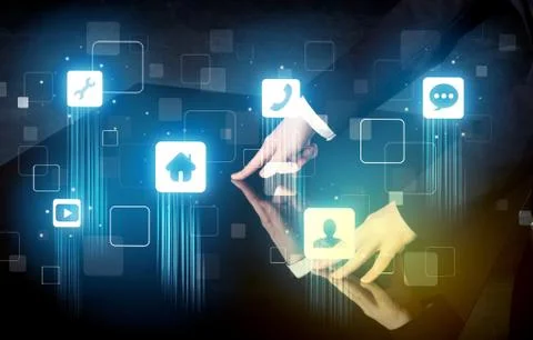 Modern smart table with high tech icons on its interface screen Stock Photos