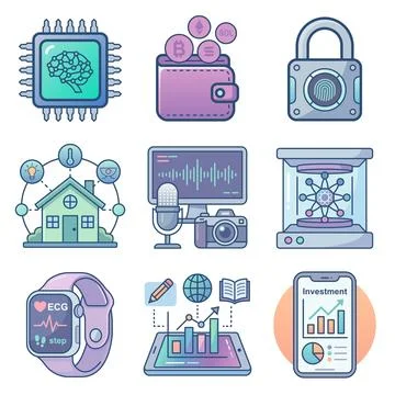 Modern smart technology and digital innovation flat icon set. Stock Illustration