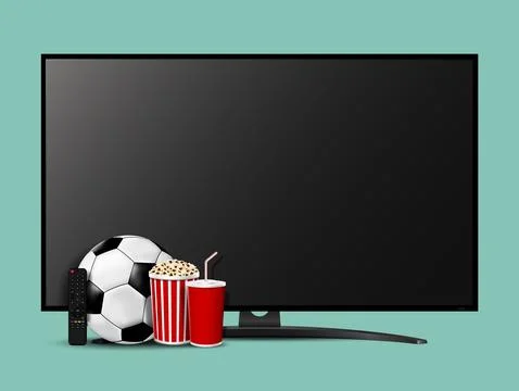 Modern smart television with remote control, pop corn, soda cup and soccer ba Stock Illustration