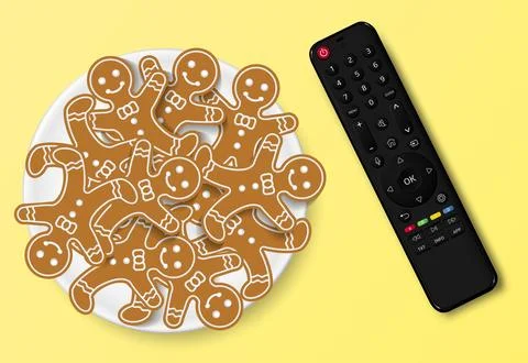 Modern smart TV remote control with Christmas gingerbread cookies Stock Illustration