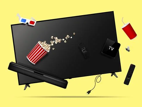 Modern smart tv, remote control, soundbar, tv box, popcorn, cola cup, 3d gl.. Stock Illustration