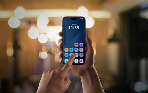 Modern smartphone app interface tapped in vibrant nightlife setting, showcasi Stock Photos