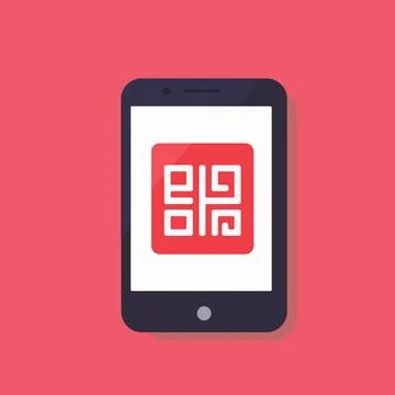 A modern smartphone with a black screen displaying a red and white QR code イラスト素材