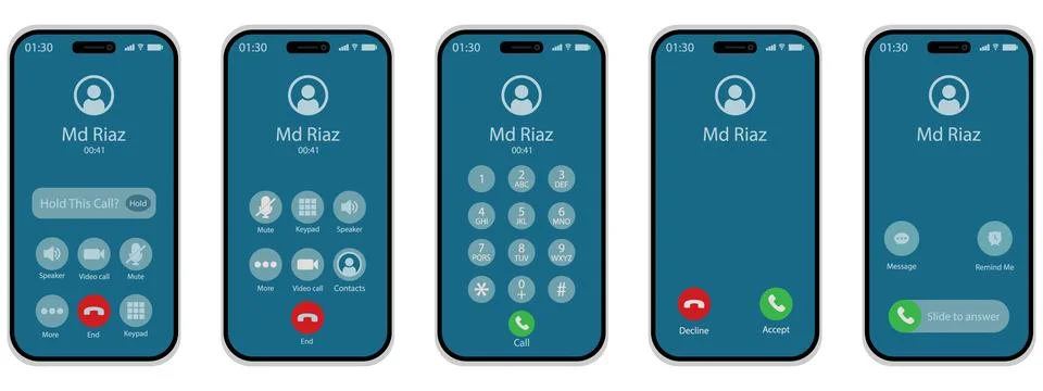 Modern smartphone call interface display set on blue background. Stock Illustration