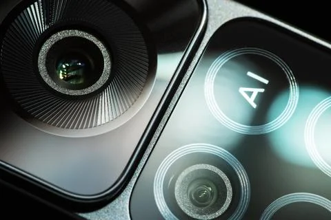 Modern smartphone camera lens, macro view. close up Stock Photos