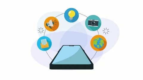 Modern smartphone with colorful floating digital icons in flat animation styl Stock Footage 334158846