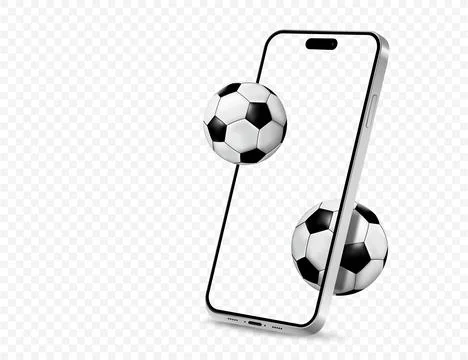 Modern smartphone with a empty screen mockup and flying into it soccer ball.. Stock Illustration