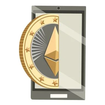 Modern smartphone with ether cryptocoin poster Illustrazione stock