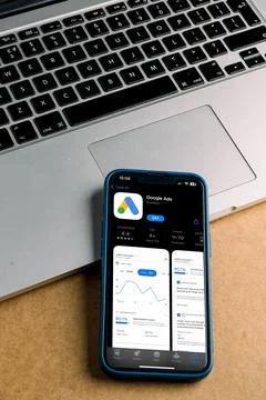 Modern smartphone with a Google Ads logo displayed on the screen. Stock Photos