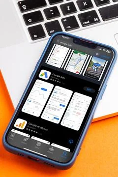 Modern smartphone with a Google Ads logo displayed on the screen. Stock Photos