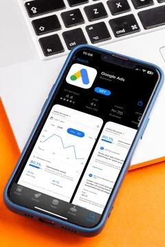 Modern smartphone with a Google Ads logo displayed on the screen. Stock Photos