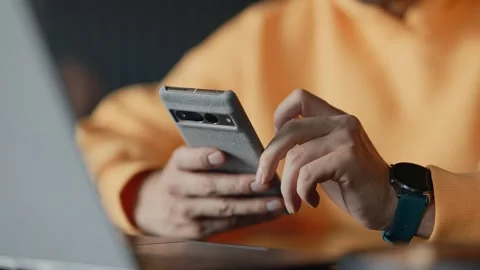 Modern Smartphone In Hands Of Male User, Closeup View, Internet Addiction And Video stock 343408973