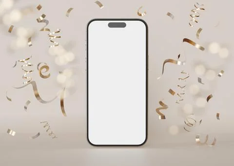 Modern smartphone mockup with blank screen surrounded by festive gold confetti Stock Illustration