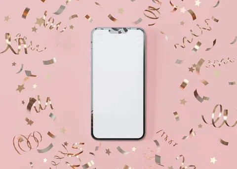 Modern smartphone mockup with blank screen surrounded by festive gold confetti Stock Illustration