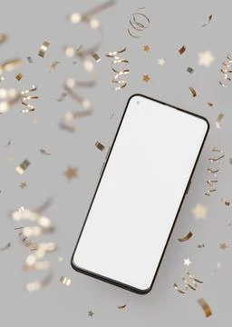 Modern smartphone mockup with blank screen surrounded by festive gold confetti Stock Illustration