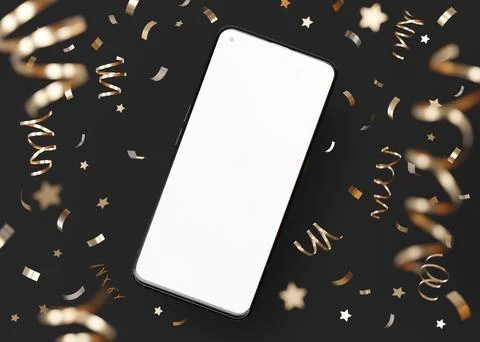 Modern smartphone mockup with blank screen surrounded by festive gold confetti Stock Illustration